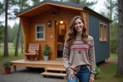 Femme souriante devant une tiny house en bois dans la nature