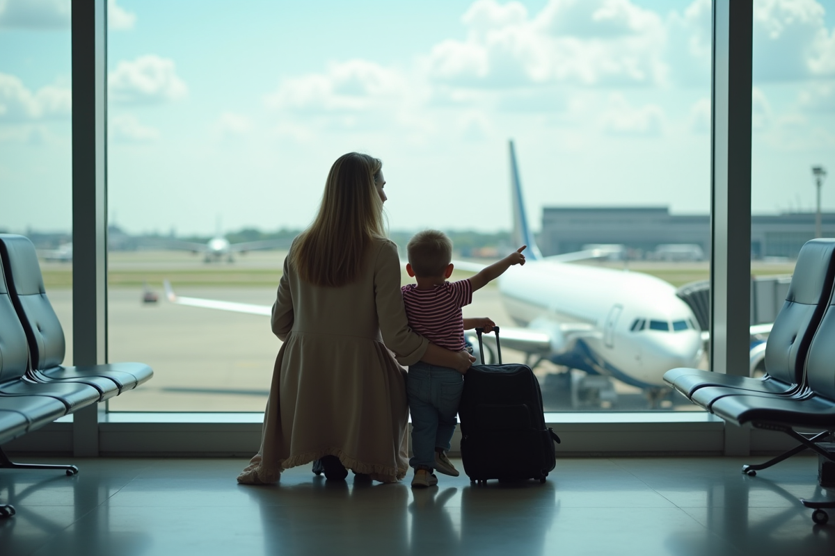 Maman et son enfant regardant les avions à l