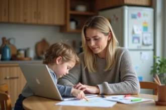 Femme travaillant sur son ordinateur avec son enfant à côté