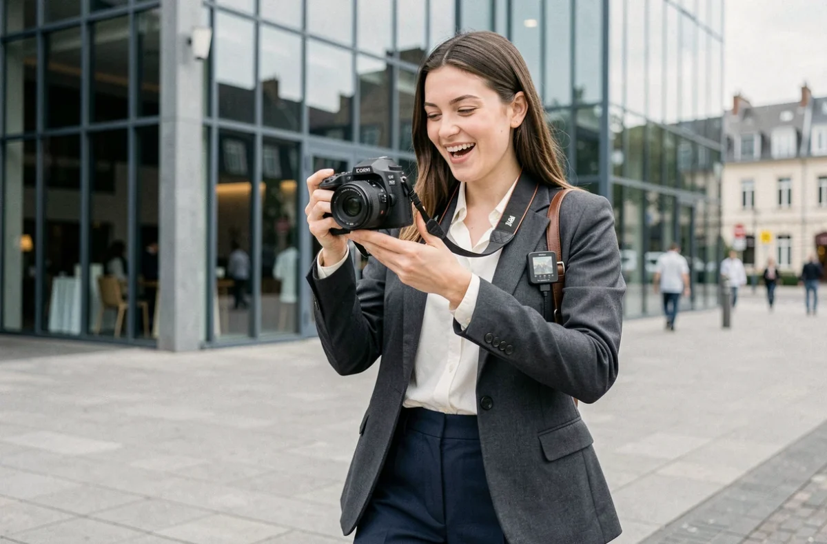 Photographe-vidéaste événementielle féminine devant une salle moderne à Lille