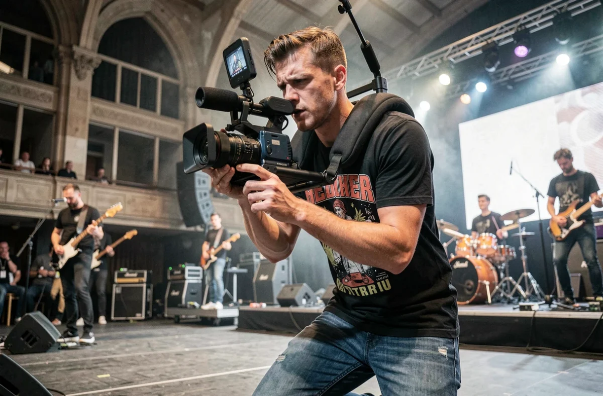 Vidéaste masculin filmant un concert depuis la fosse dans une salle de spectacle du Nord