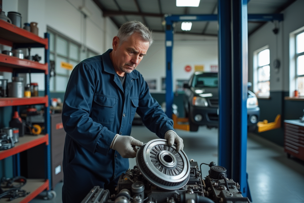Mécanicien homme en overalls retire un volant moteur dans un garage moderne