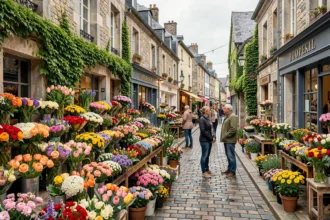 Marché aux fleurs animé dans une ville normande avec des bouquets colorés exposés sur des tables en bois devant des façades en pierre