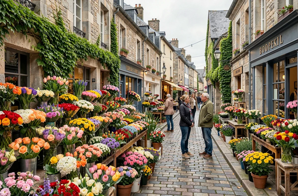 Marché aux fleurs animé dans une ville normande avec des bouquets colorés exposés sur des tables en bois devant des façades en pierre