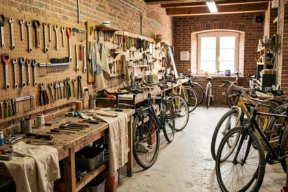 Atelier de réparation de vélos dans les Pays de la Loire avec outils accrochés au mur et plusieurs vélos en cours de réparation