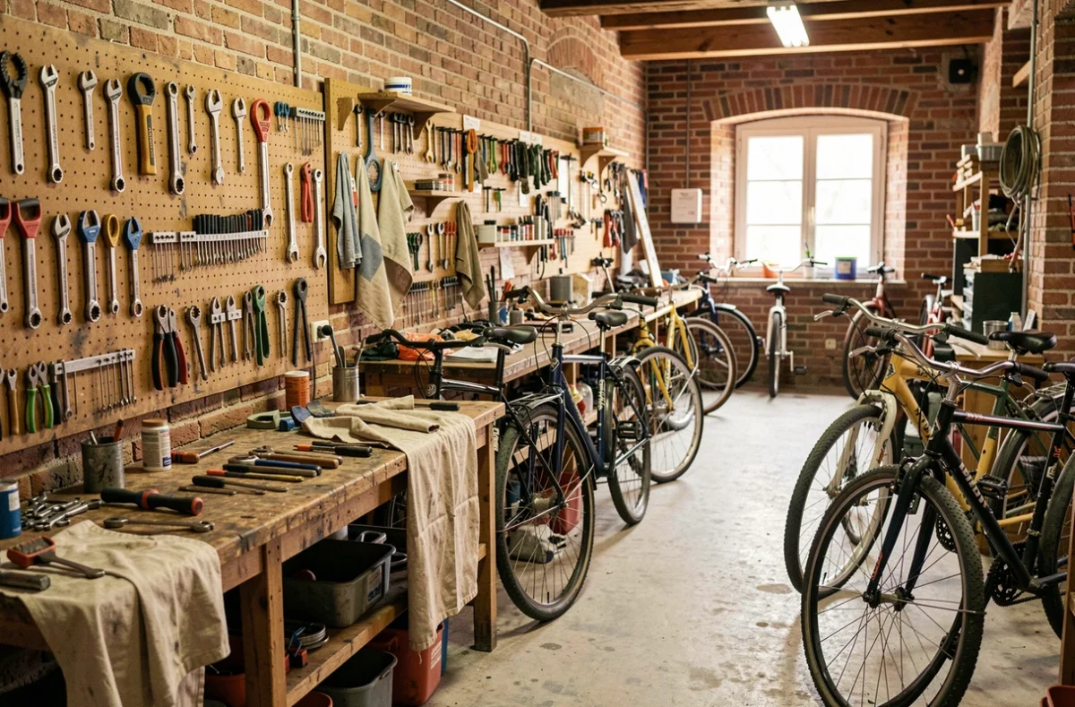 Atelier de réparation de vélos dans les Pays de la Loire avec outils accrochés au mur et plusieurs vélos en cours de réparation