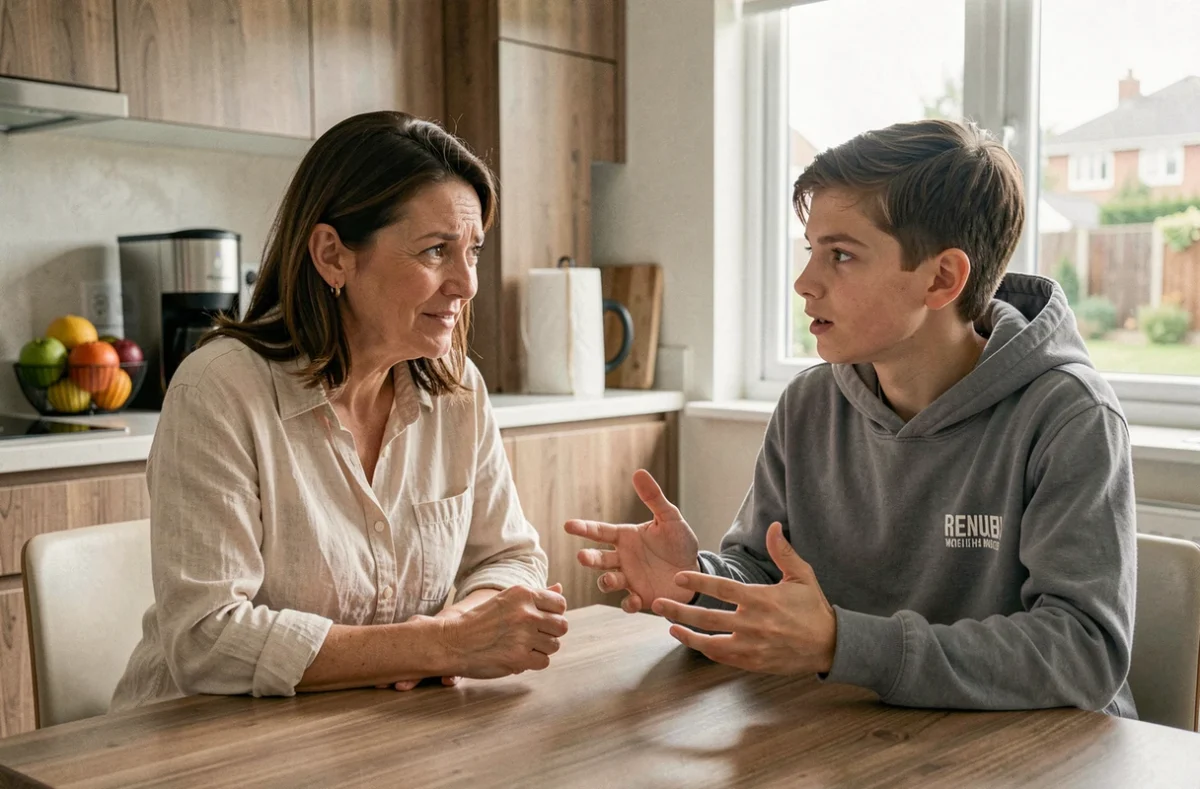 Une mère dans la quarantaine et son fils adolescent assis à la table de cuisine, la mère souriante et intriguée pendant que le fils lui explique une expression de sa génération