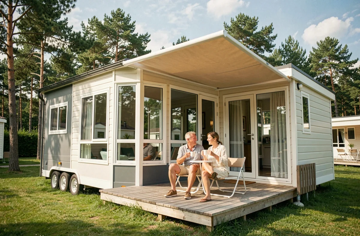 Couple installé sur la terrasse d'un mobil-home moderne dans un camping européen verdoyant