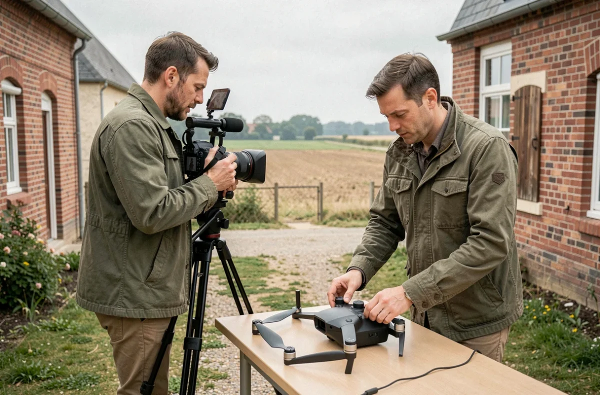 Vidéaste polyvalent avec caméra et drone dans un décor mixte des Hauts-de-France