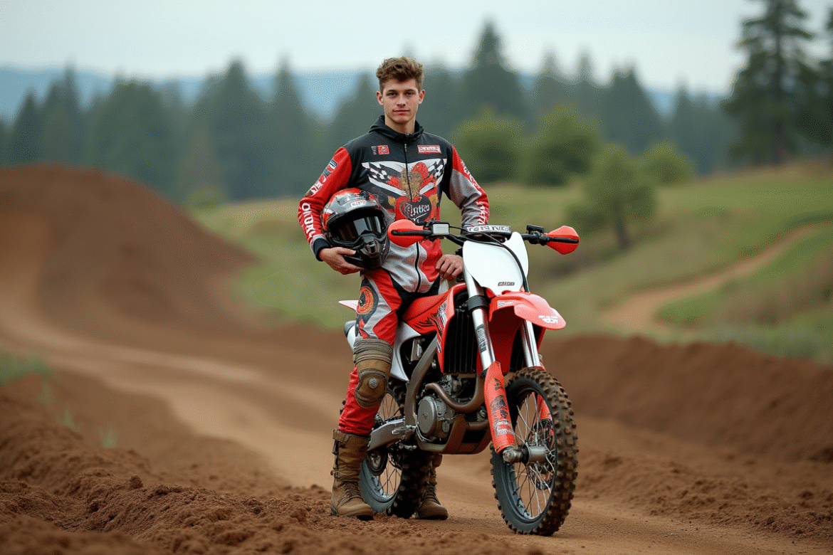 Jeune pilote motocross avec casque sous le bras à côté de sa moto