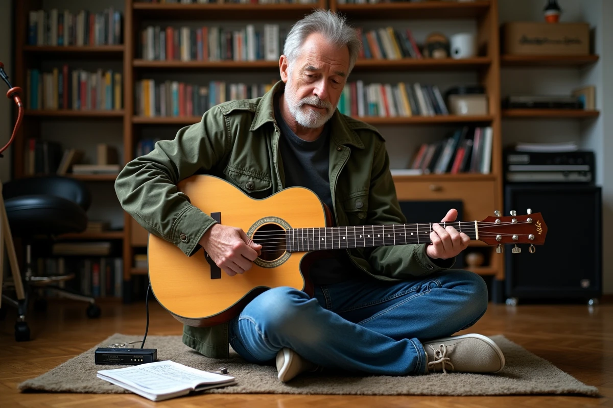 Musicien accordant sa guitare acoustique entouré de partitions Renaud et de cassettes dans une salle de répétition vintage