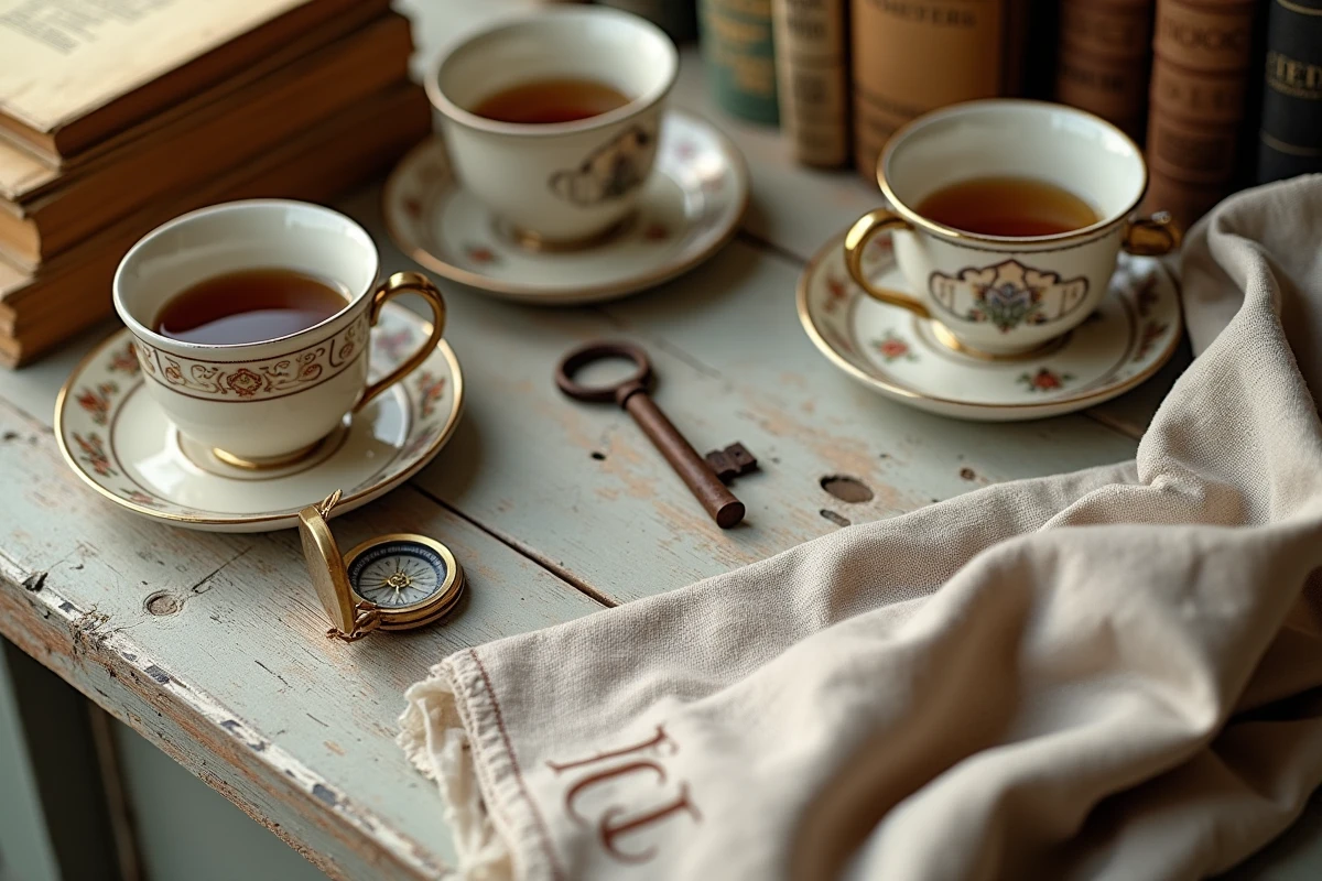 Objets de brocante typiques posés sur une table en bois : livres anciens, boussole en laiton et tasses en porcelaine