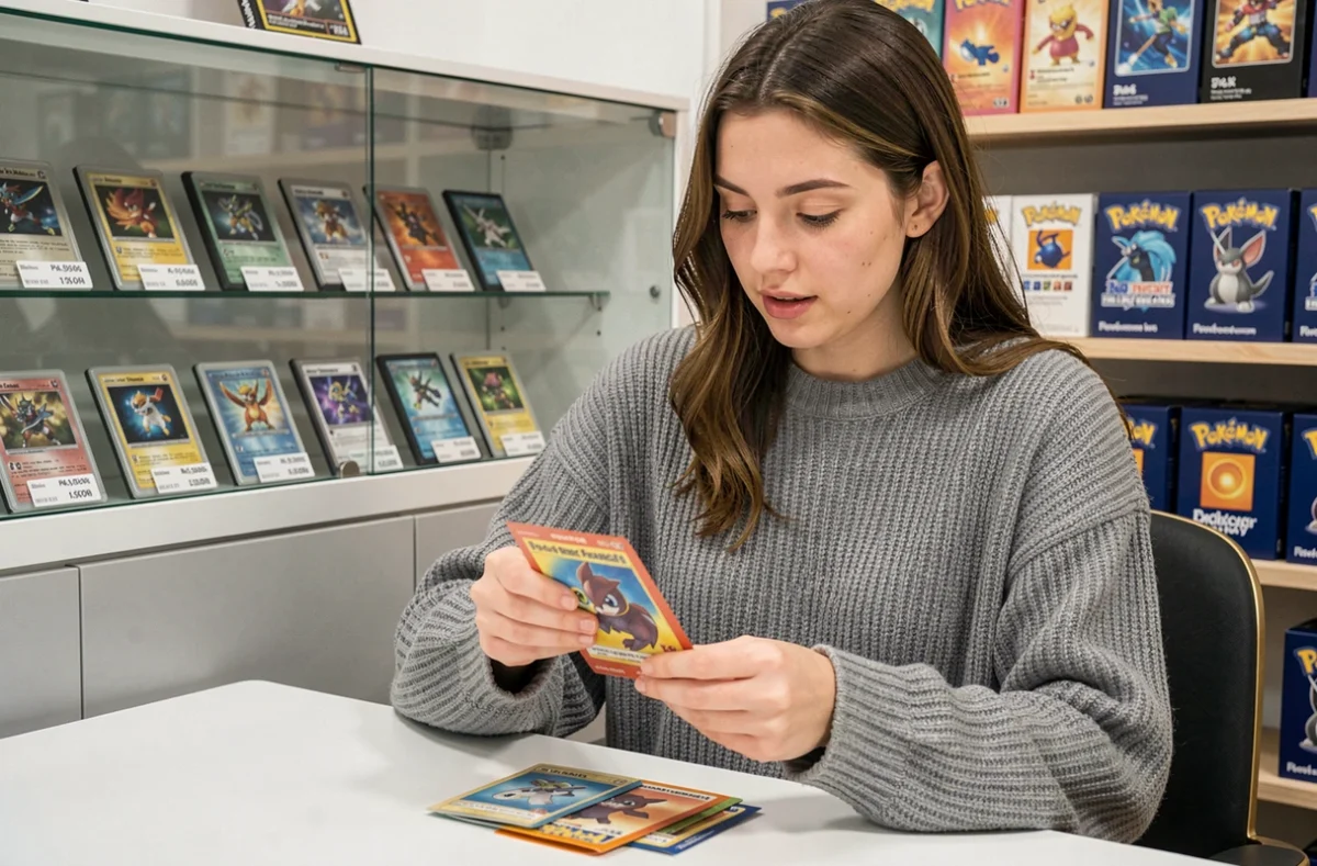 Jeune femme ouvrant un booster Pokémon vintage dans une boutique de cartes avec des cartes rares en vitrine