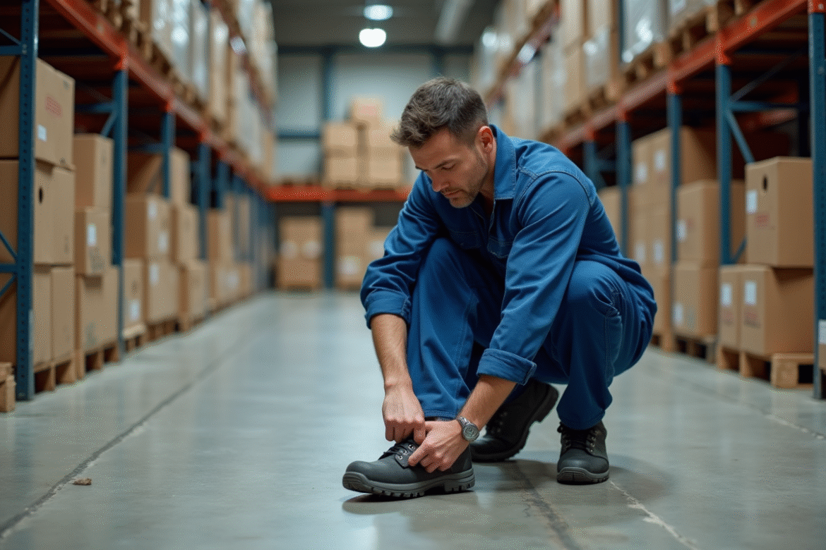 Homme d'âge moyen vérifiant la semelle de sa chaussure de sécurité