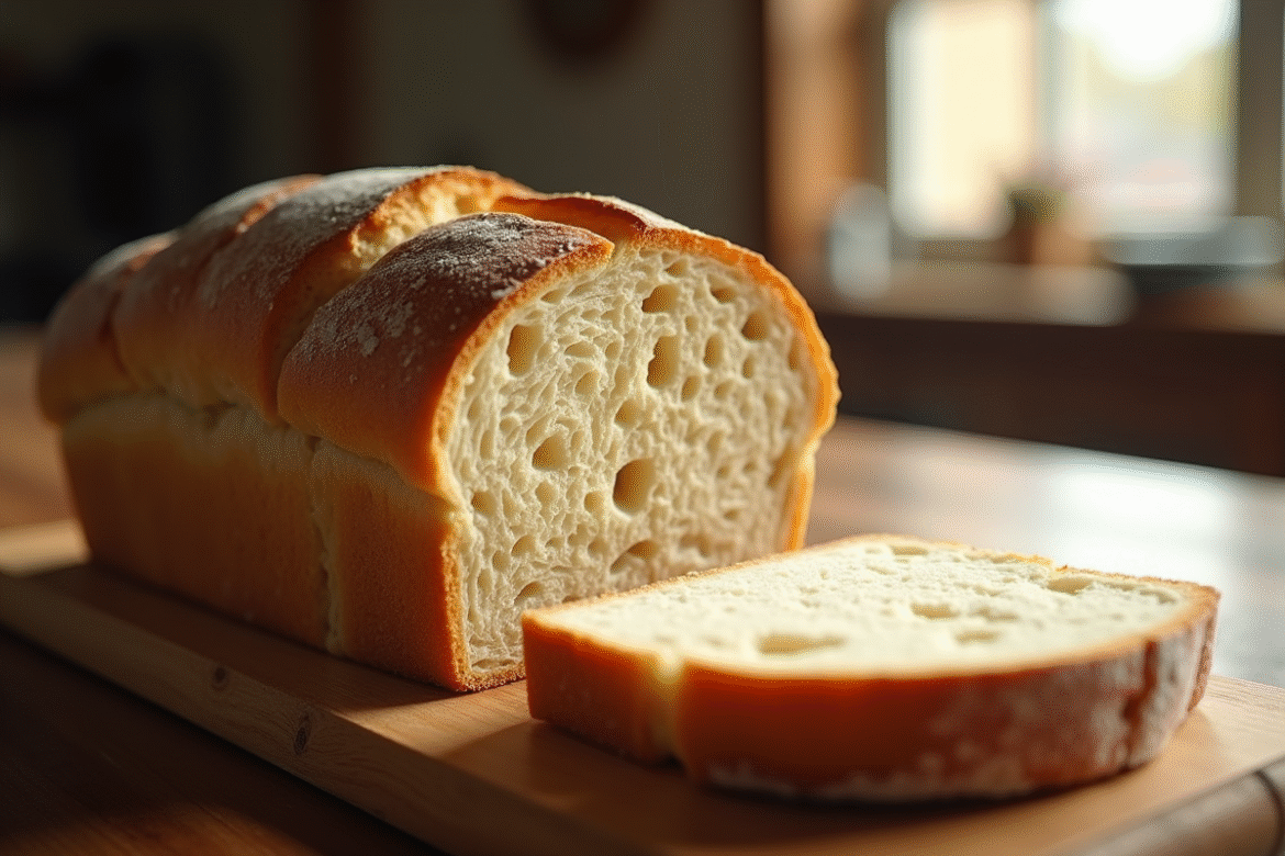 Pain rustique tranché sur planche en bois avec lumière naturelle