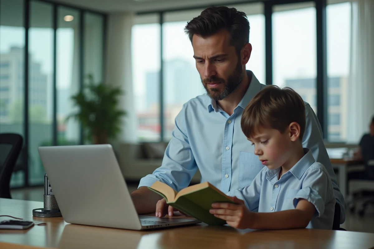 Père travaillant sur son ordinateur avec son enfant lisant