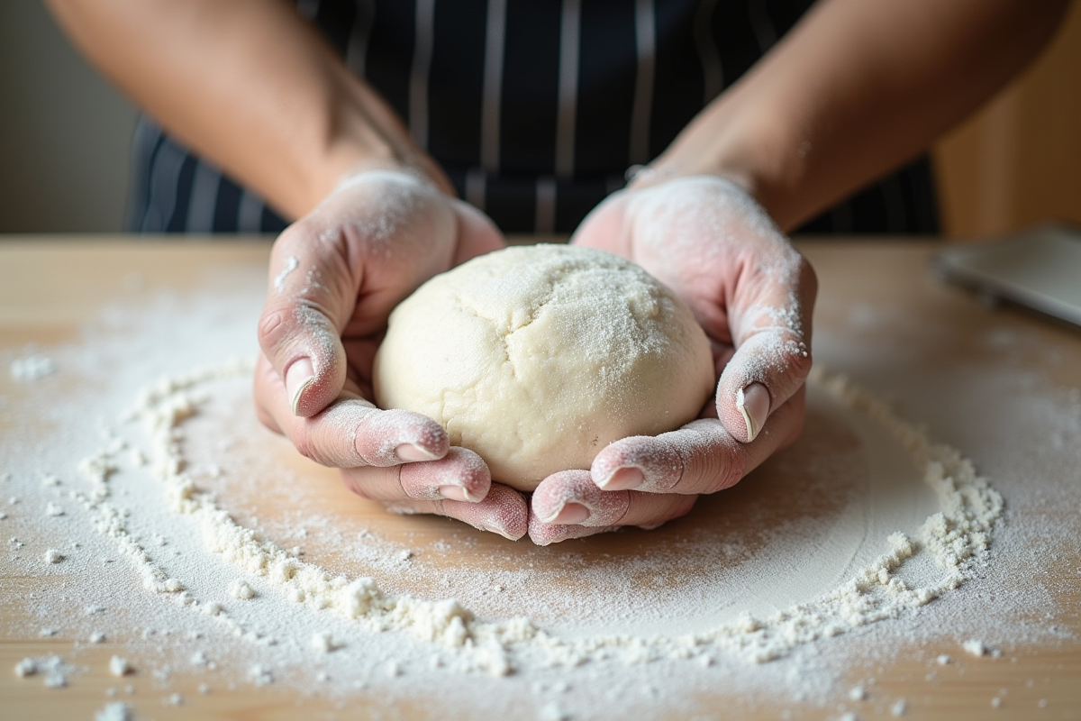 Mains de boulanger saupoudrées de farine en train de pétrir la pâte