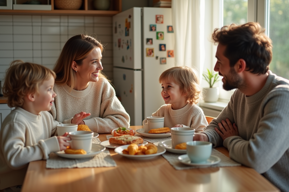Famille prenant le petit déjeuner dans la cuisine
