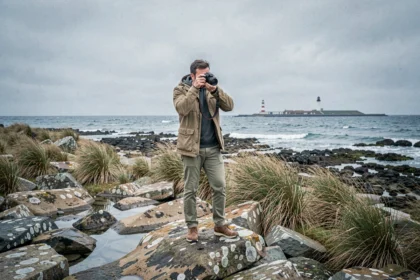 Photographe professionnel sur le littoral de Charente-Maritime, appareil photo à la main face à l'océan Atlantique