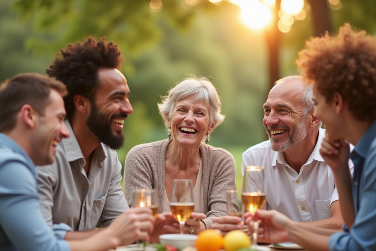 Groupes de couples célébrant leur anniversaire en pique-nique en plein air