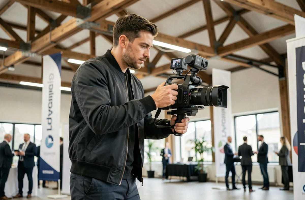 Vidéaste événementiel masculin filmant avec un stabilisateur gimbal dans une salle d'événements du Nord