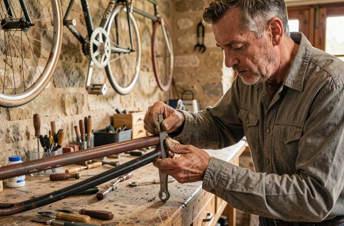 Artisan réparateur de Pignon Sur Roue travaillant à la main sur un cadre de vélo dans son atelier artisanal à Nantes