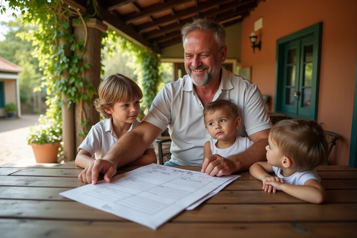 Père et enfants planifiant leur journée selon le décalage horaire sur une terrasse en Martinique
