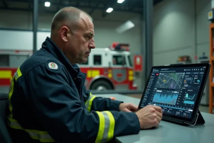 Pompier en uniforme utilisant un logiciel de gestion d'intervention IRIS sur tablette dans une salle opérationnelle de caserne