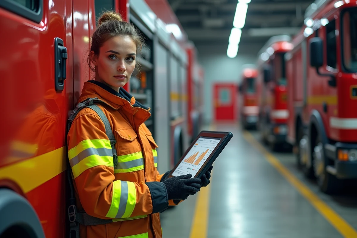 Pompière en tenue d'intervention consultant le logiciel IRIS sur tablette robuste dans un garage à véhicules de caserne