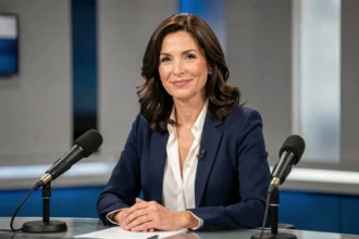Femme présentatrice de télévision assise derrière un bureau de studio avec un blazer marine, évoquant l'univers du journalisme télévisé français