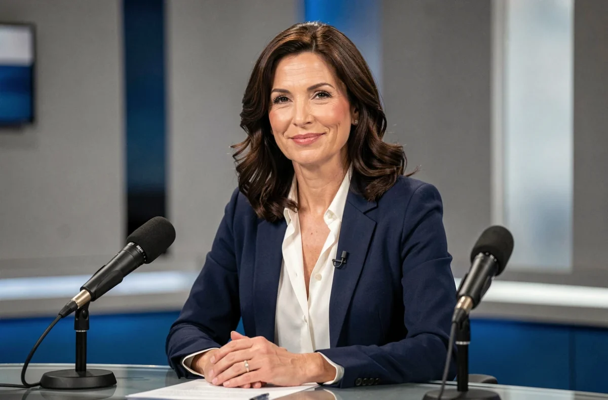 Femme présentatrice de télévision assise derrière un bureau de studio avec un blazer marine, évoquant l'univers du journalisme télévisé français