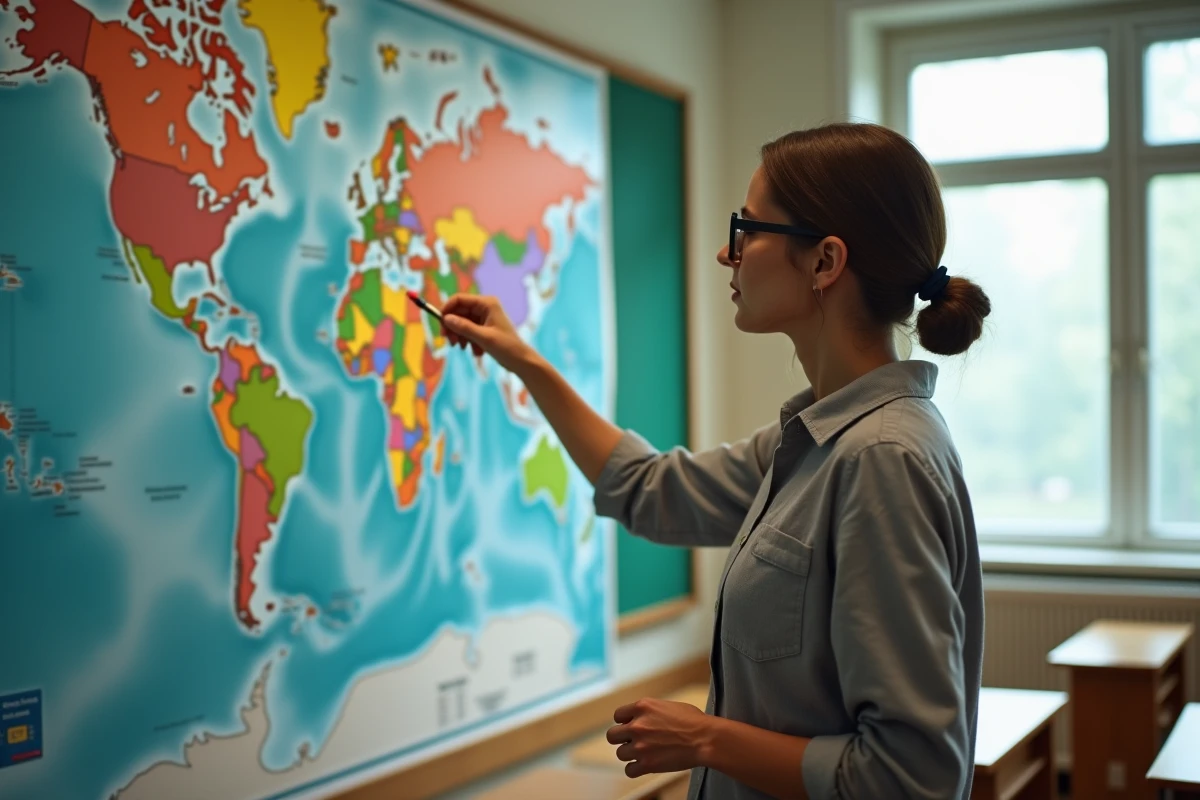 Professeure de géographie devant une carte murale montrant les proportions réelles des plus grands pays du monde