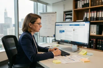 Professionnelle consultant un blog de conformité réglementaire sur son ordinateur dans un bureau moderne