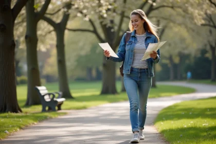 Femme souriante en balade dans un parc urbain ensoleille