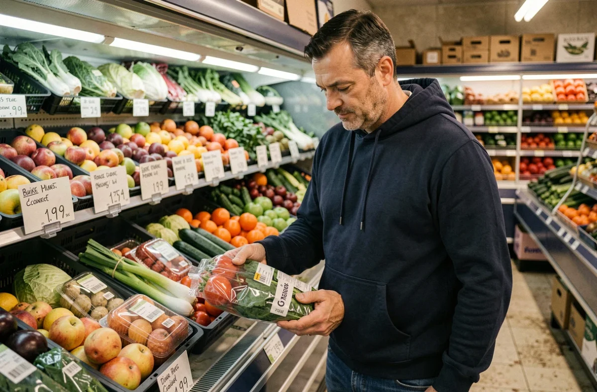 Client examinant des produits frais dans un supermarché low-cost du 75020, rayon fruits et légumes avec prix affichés
