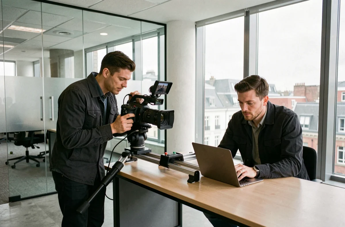 Duo de vidéastes corporate filmant dans un espace de bureaux moderne près de Lille