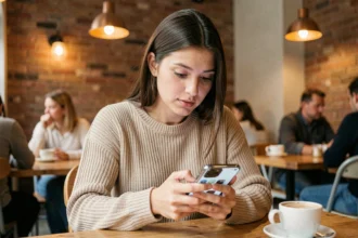 Jeune femme consultant anonymement des stories Instagram sur son smartphone dans un café cosy