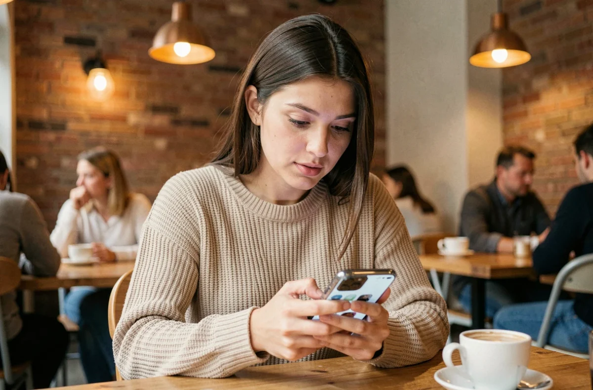 Jeune femme consultant anonymement des stories Instagram sur son smartphone dans un café cosy