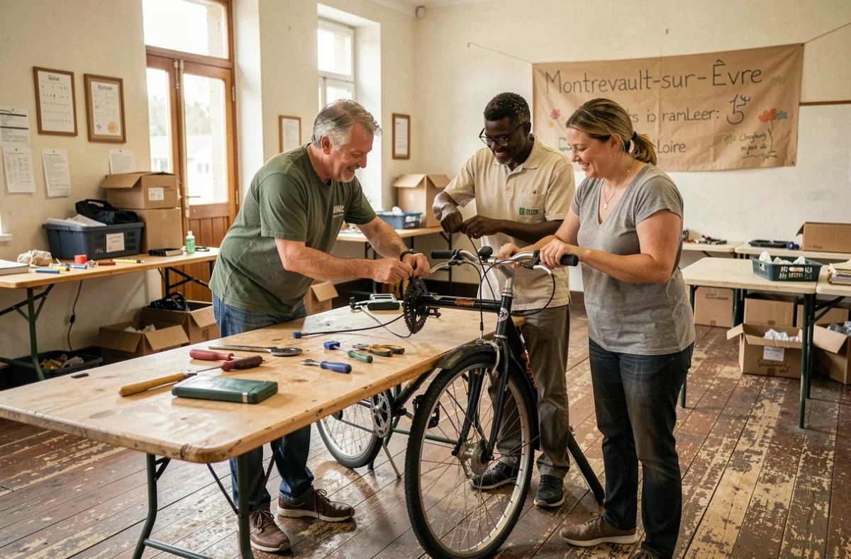 Bénévoles du Repair Café Montrevault-sur-Èvre en Maine-et-Loire réparant ensemble un vélo lors d'un atelier vélo solidaire communautaire