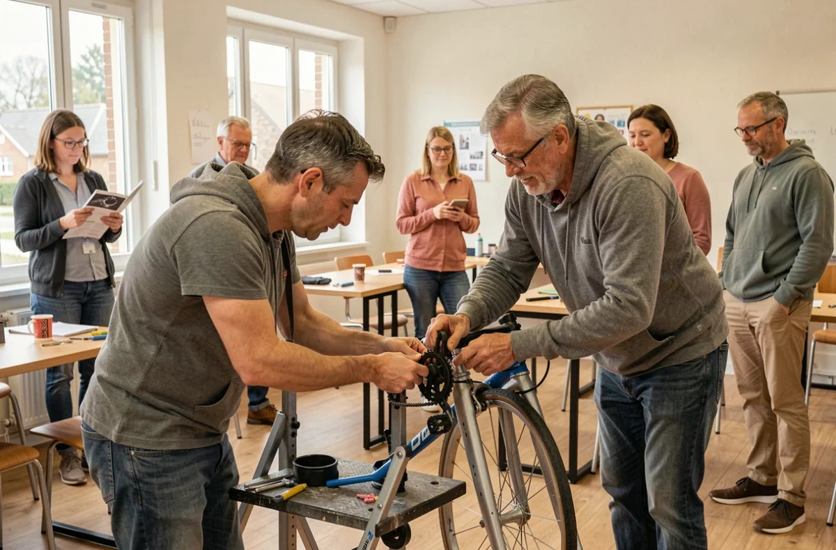 Participants du Repair Café Val-d'Erdre-Auxence réparant ensemble un dérailleur de vélo lors d'un atelier vélo participatif en Anjou