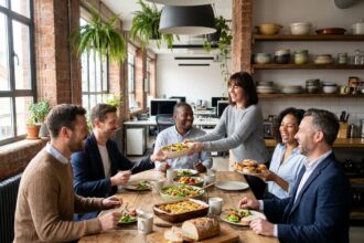 Collègues de bureau partageant un repas convivial autour d'une grande table en bois lors d'un déjeuner d'équipe