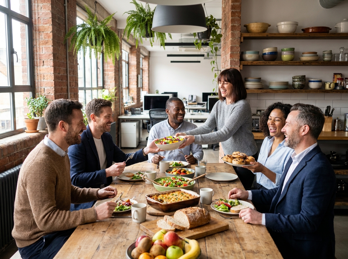 Collègues de bureau partageant un repas convivial autour d'une grande table en bois lors d'un déjeuner d'équipe