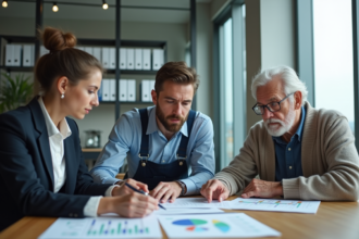 Trois adultes autour d'une table en réunion d'affaires