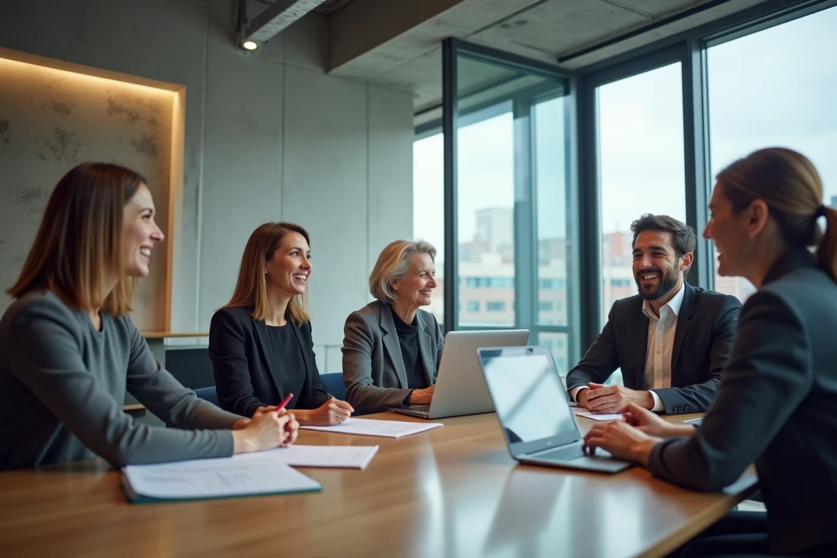 Groupe de professionnels en réunion dans un espace de travail contemporain