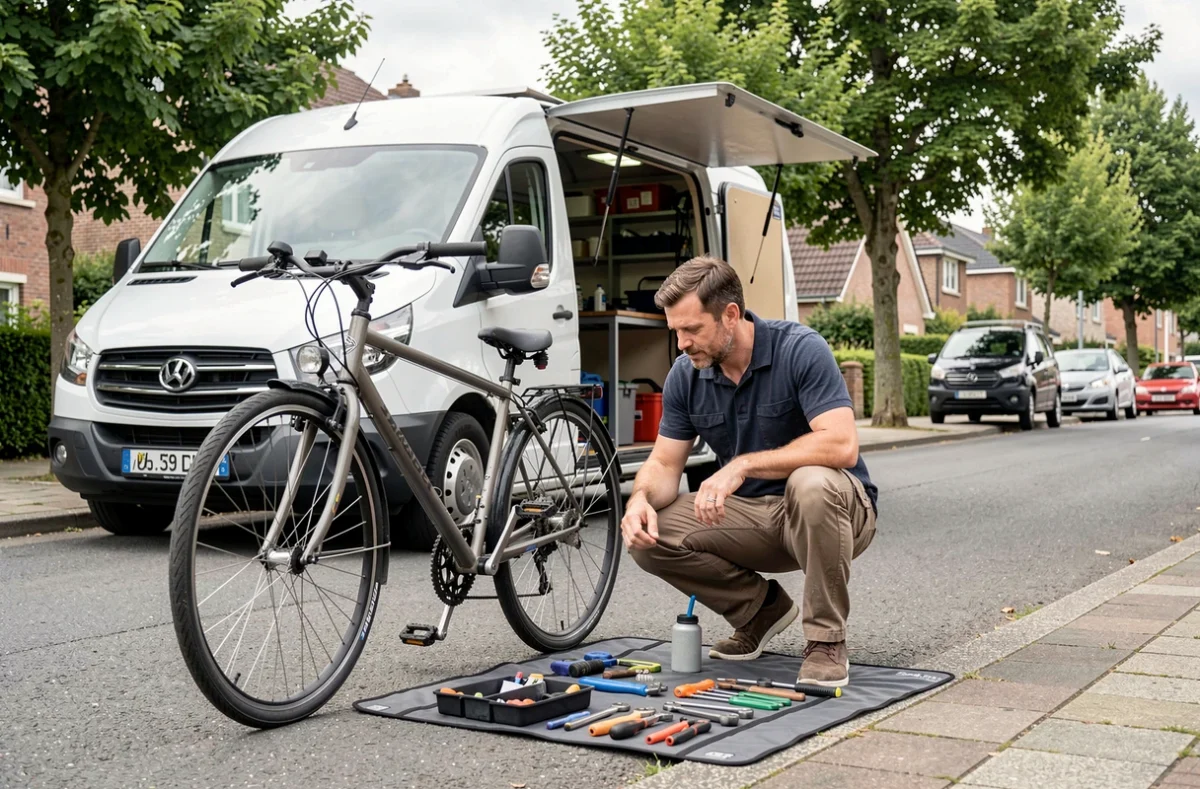 Mécanicien de Roulez Jeunesse réparant un vélo à domicile sur un trottoir résidentiel des Pays de la Loire avec son atelier mobile