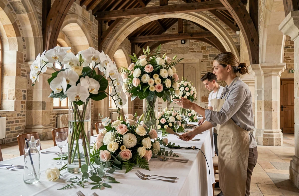 Équipe de Sandy Fleurs Création installant une décoration florale événementielle pour un mariage dans une salle voûtée à Rouen