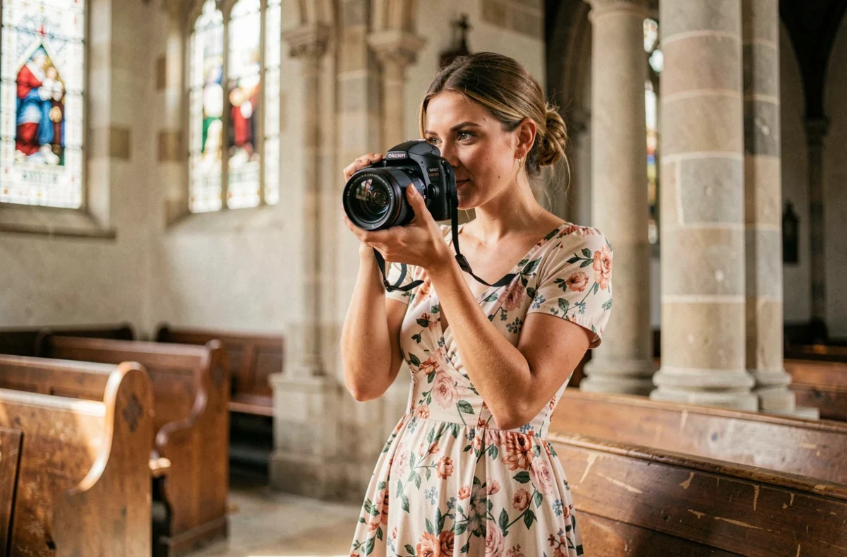 Vidéaste mariage féminine filmant une cérémonie dans une église de la région Hauts-de-France