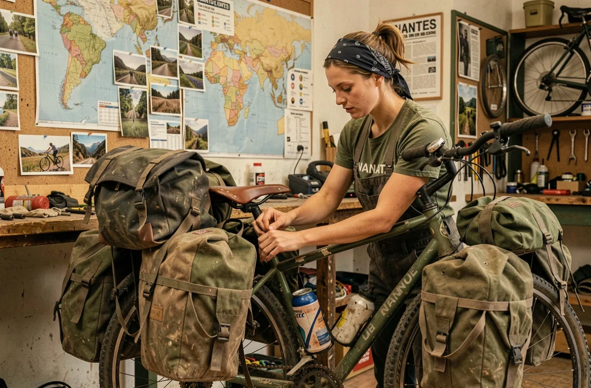 Mécanicienne de Sardines à Vélo réparant un vélo de voyage chargé de sacoches dans un atelier dédié au cyclotourisme à Nantes