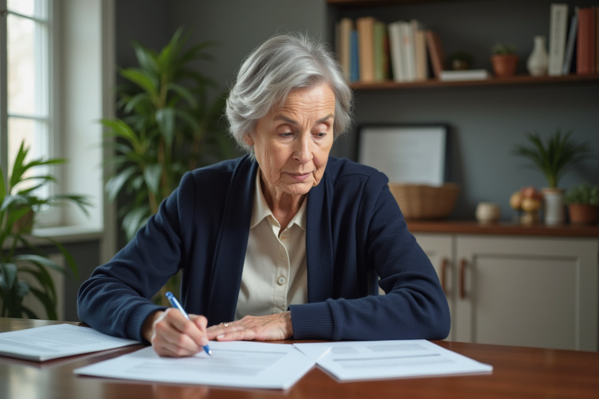 Femme senior examine documents de mortgage dans un bureau moderne