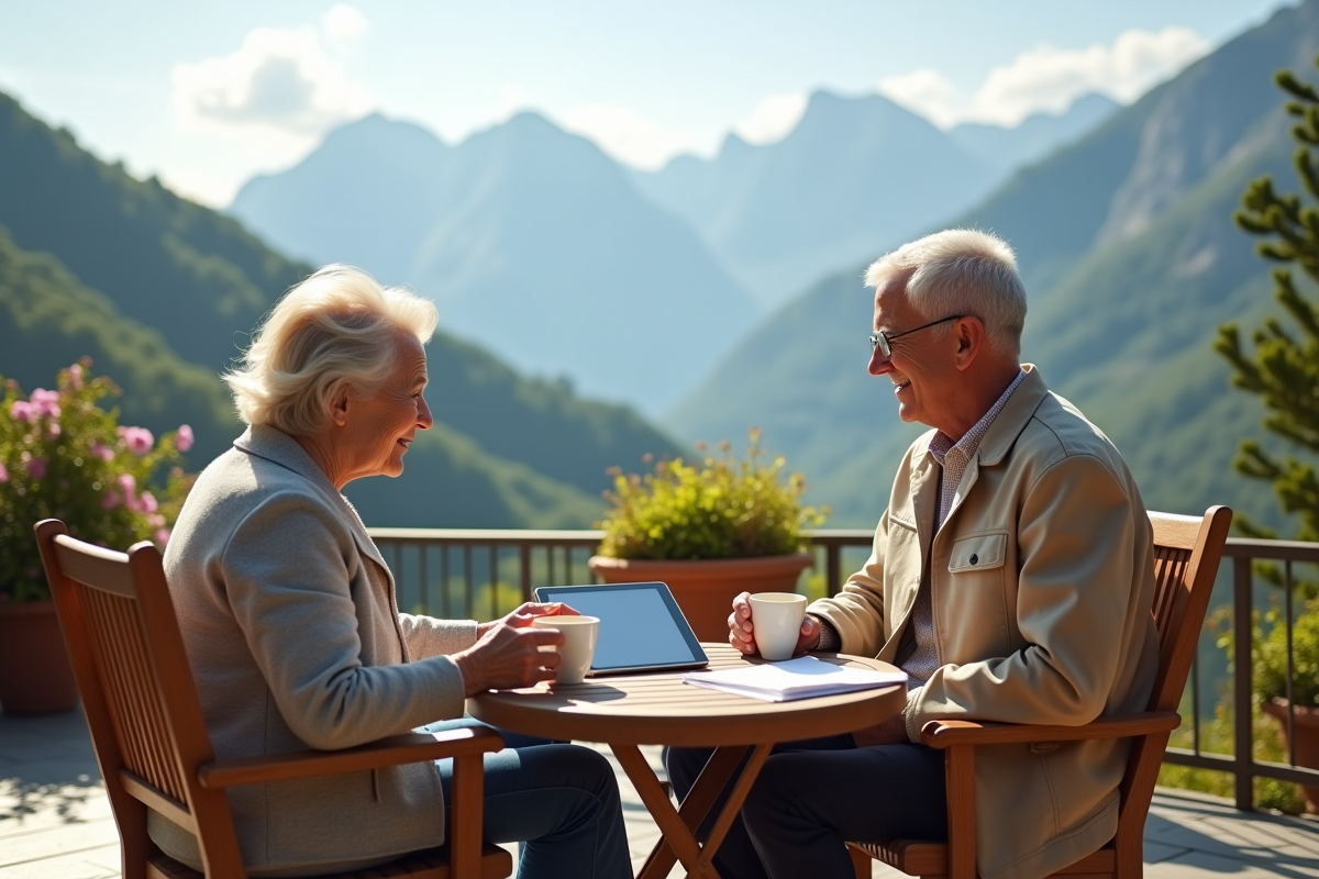 Retraités détendus discutant avec vue sur la montagne